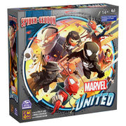 Marvel United: Spidergeddon - Spider-Man themed board game box with colorful artwork of multiple Spider-Man characters in action poses on a circular.