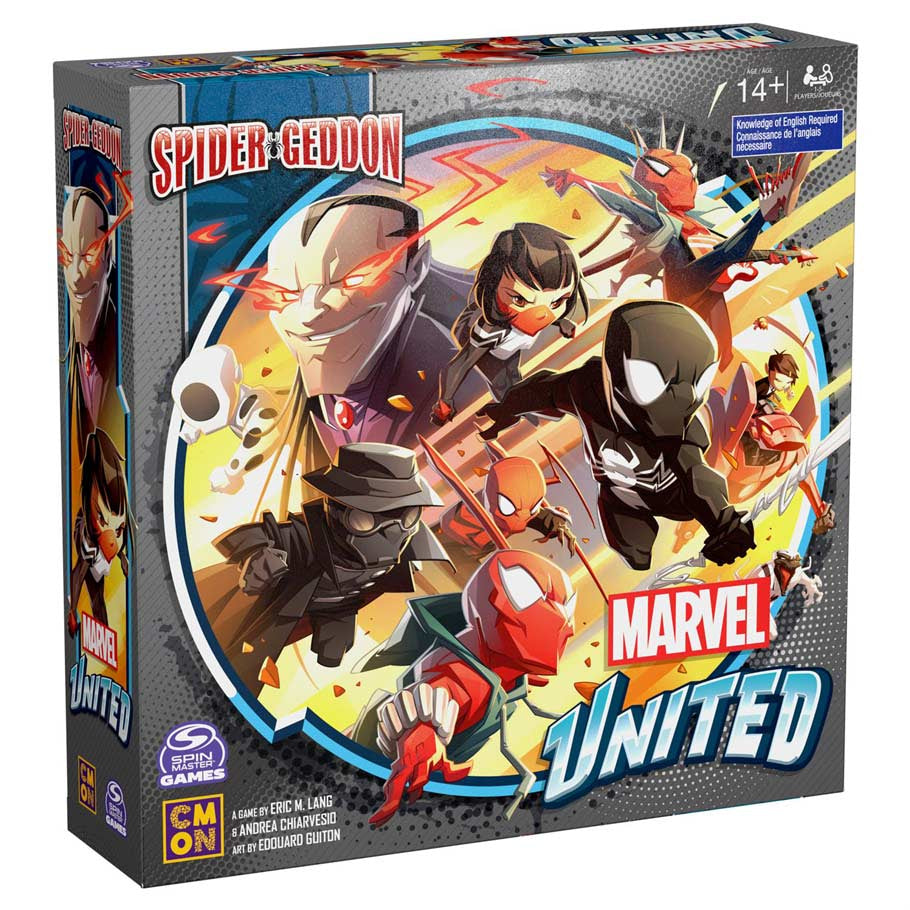 Marvel United: Spidergeddon - Spider-Man themed board game box with colorful artwork of multiple Spider-Man characters in action poses on a circular.
