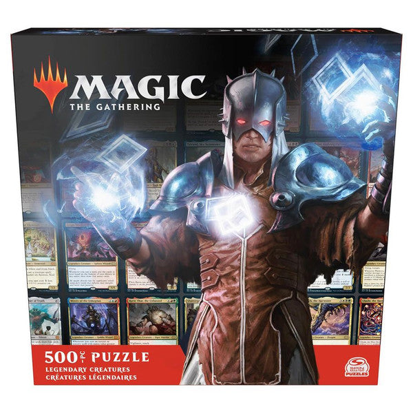 Puzzle: Magic the Gathering 500 piece - Legendary Creatures - Magic The Gathering 500-piece puzzle box featuring a hooded armored figure with glowing blue magic orbs on a dark fantasy.