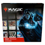 Puzzle: Magic the Gathering 500 piece - Planeswalkers - Magic the Gathering 500-piece puzzle featuring a hooded Planeswalker casting a glowing blue spell with trading card.