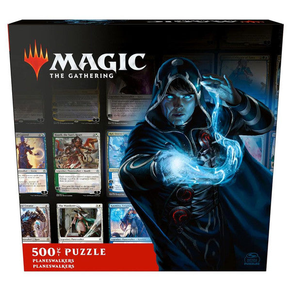 Puzzle: Magic the Gathering 500 piece - Planeswalkers - Magic the Gathering 500-piece puzzle featuring a hooded Planeswalker casting a glowing blue spell with trading card.