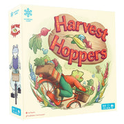 Harvest Hoppers - Harvest Hoppers family board game box with colorful illustration of a bunny on a bicycle carrying vegetables.