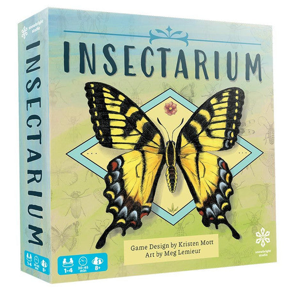 Insectarium (PREORDER) - Square board game box with large yellow and black butterfly illustration on a pale blue and beige background labeled.