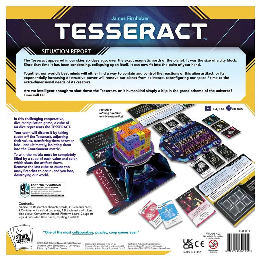 Tesseract - Tesseract cooperative board game box with colorful 3D cube design, cards, and rulebook on dark table background.