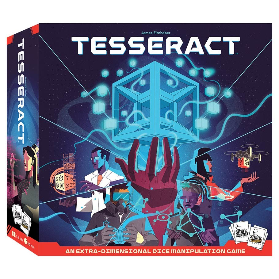 Tesseract - Board game box with a glowing blue Tesseract cube above a red, claw-like hand and diverse characters manipulating.