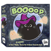 BOOoop. - Game box featuring a black cat wearing a purple witch hat with two playful ghost illustrations on a dark blue background.