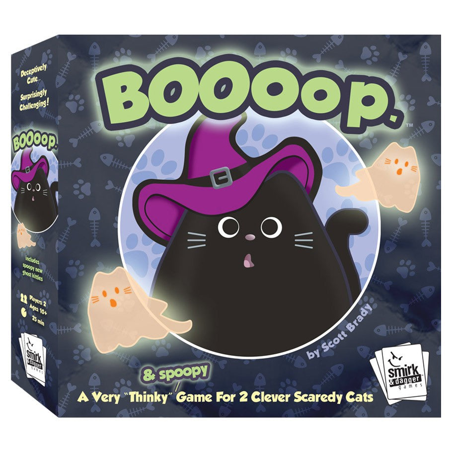 BOOoop. - Game box featuring a black cat wearing a purple witch hat with two playful ghost illustrations on a dark blue background.