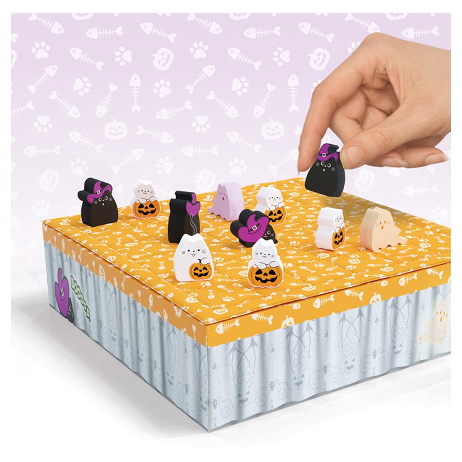 BOOoop. - Colorful Halloween-themed board game with pumpkin, ghost, and witch character pieces on a square orange and gray board.