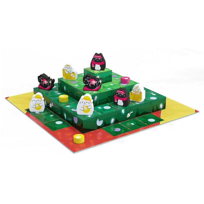 boop the Halls! - Colorful tiered green game board with cartoonish black and white bird tokens and yellow game pieces on a square play mat.