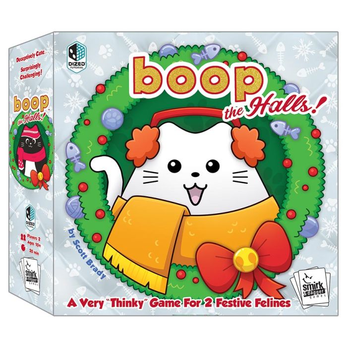 boop the Halls! - Square board game box featuring a white cat wearing a green elf hat and orange scarf inside a green holiday wreath decorated
