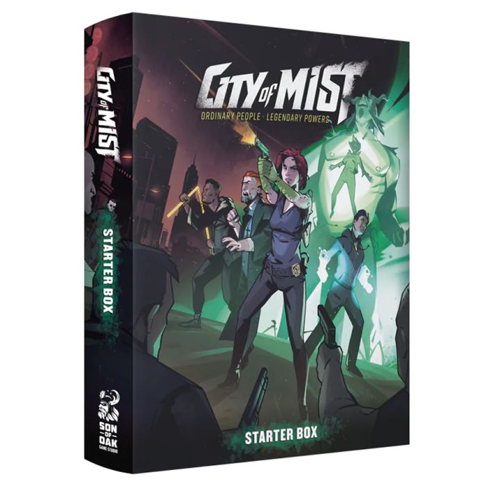 City of Mist: The Starter Box - Box set with dark, mystical cover art featuring shadowy figures and green glowing effects, titled City of Mist Starter Box.