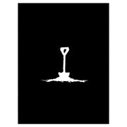 Best Left Buried: Deeper - Black background with a simple white silhouette of a shovel stuck in the ground with loose soil around the base.