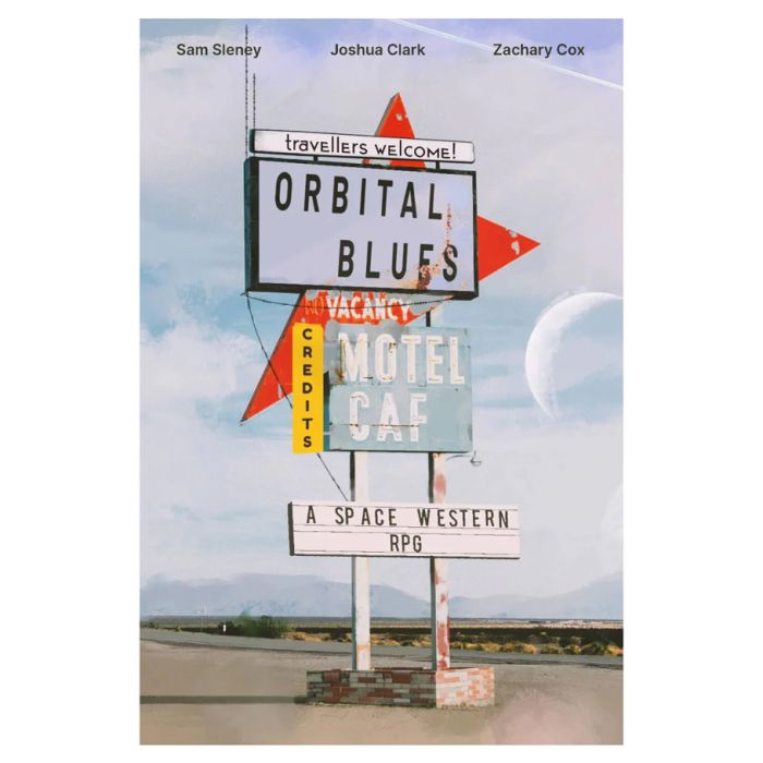 Orbital Blues - Retro roadside sign with red and white arrows, weathered text reading Orbital Blues Motel Café, set against a desert.