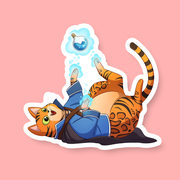 Sorcerer Class D&D Cat Sticker - Orange tabby cat wearing a blue sorcerer robe, lying on its back with paw touching a floating magic potion sticker.