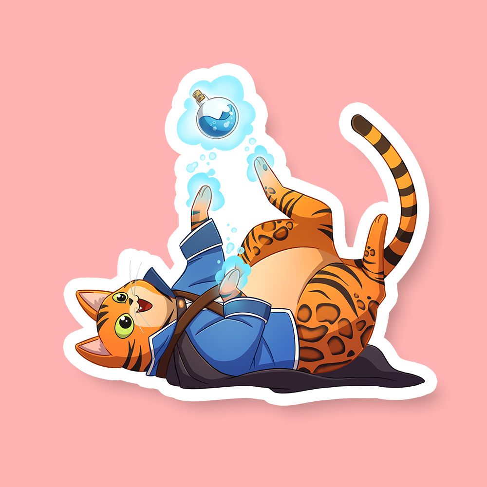 Sorcerer Class D&D Cat Sticker - Orange tabby cat wearing a blue sorcerer robe, lying on its back with paw touching a floating magic potion sticker.
