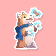 Sorcerer Class D&D Dog Sticker - Cute brown and white dog standing on hind legs wearing a blue sorcerer cloak, casting a glowing magical spell to levitate a.