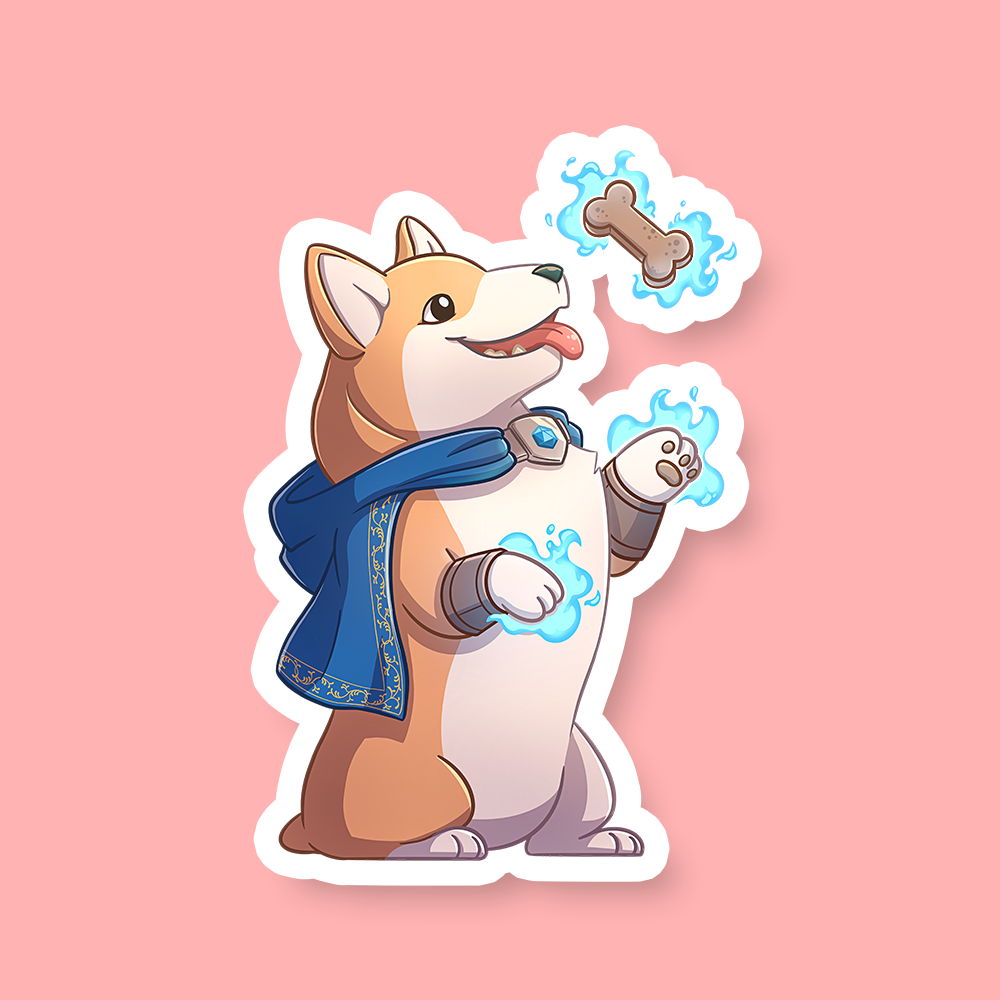 Sorcerer Class D&D Dog Sticker - Cute brown and white dog standing on hind legs wearing a blue sorcerer cloak, casting a glowing magical spell to levitate a.