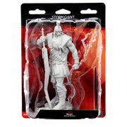 D&D Nolzur's Marvelous Miniatures: Storm Giant - Unpainted gray plastic mini figure of a muscular storm giant holding a spear and wearing armor with a fur cape and helmet.