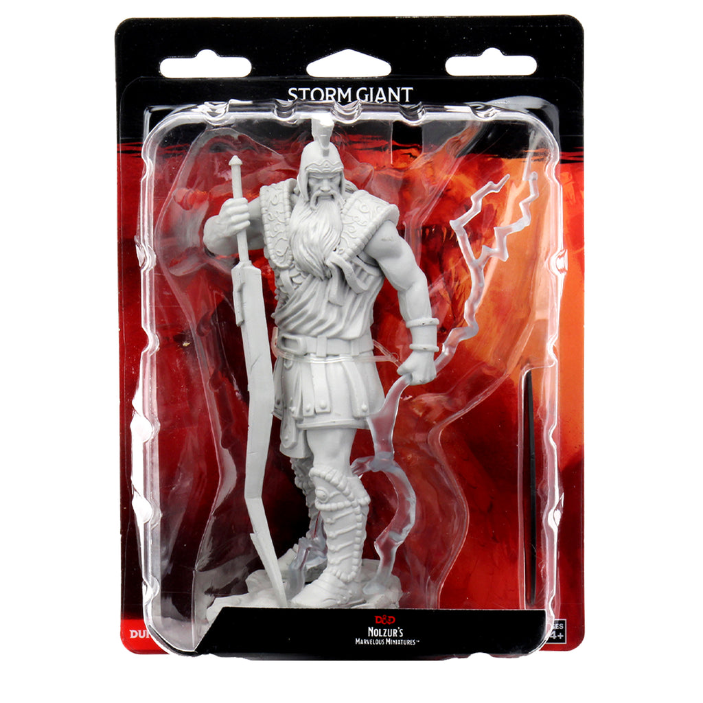 D&D Nolzur's Marvelous Miniatures: Storm Giant - Unpainted gray plastic mini figure of a muscular storm giant holding a spear and wearing armor with a fur cape and helmet.