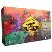 Cretaceous Rails - Board game box with colorful dinosaur illustrations, a yellow railroad sign labeled "Cretaceous Rails," and a green train.