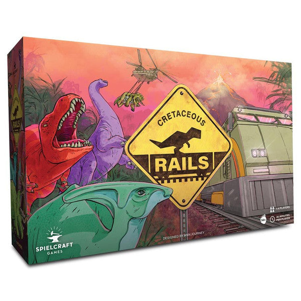Cretaceous Rails - Board game box with colorful dinosaur illustrations, a yellow railroad sign labeled "Cretaceous Rails," and a green train.