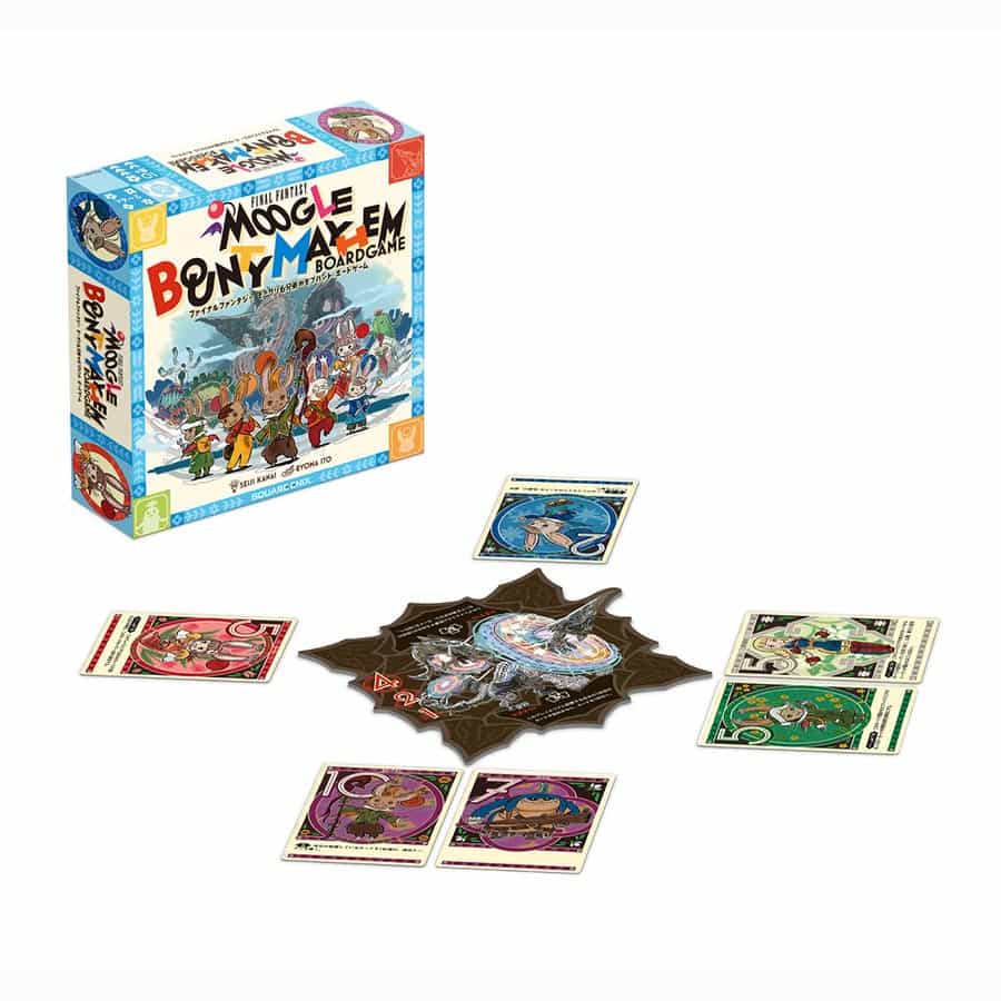 Final Fantasy Moogle Bounty Mayhem Board Game - Final Fantasy Moogle Bounty Mayhem board game with colorful character cards and a star-shaped game board center on white.