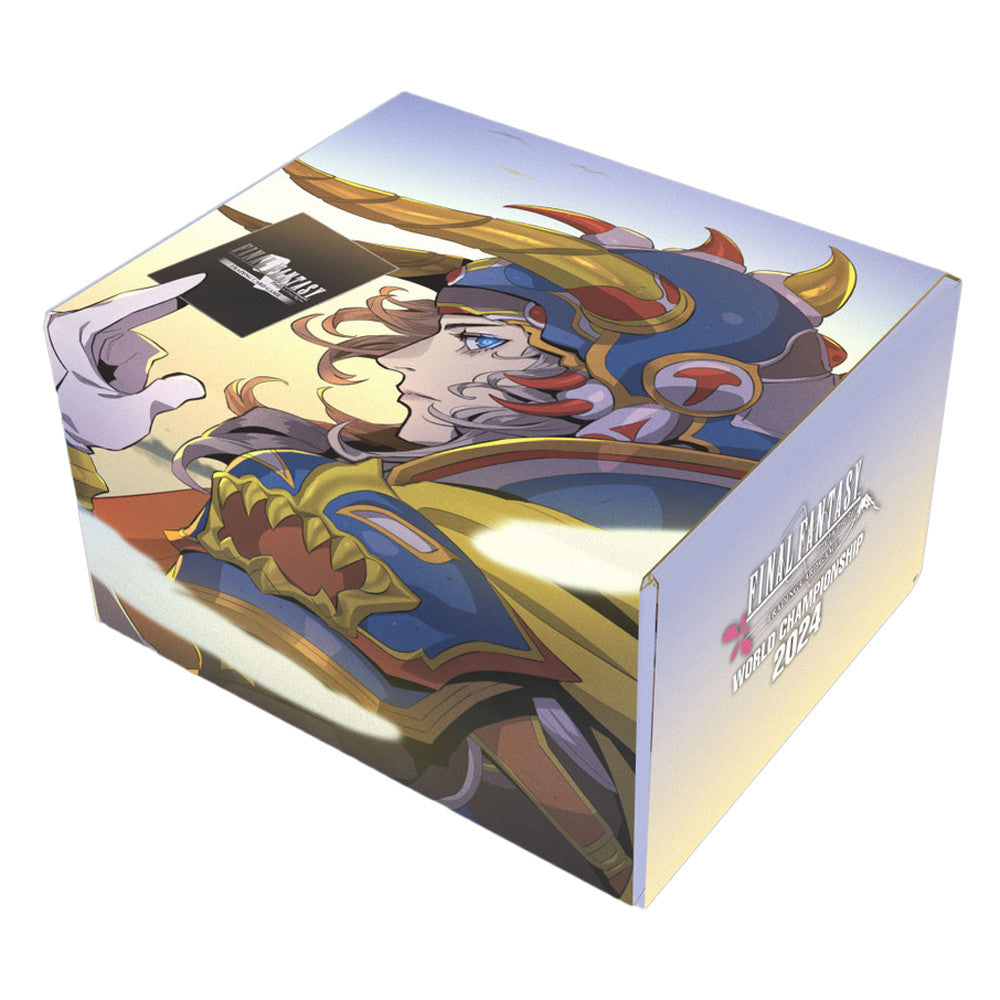 Final Fantasy TCG: World Champion Decks 2024 - Colorful cube-shaped deck box featuring stylized warrior artwork from Final Fantasy TCG World Champion Decks 2024.