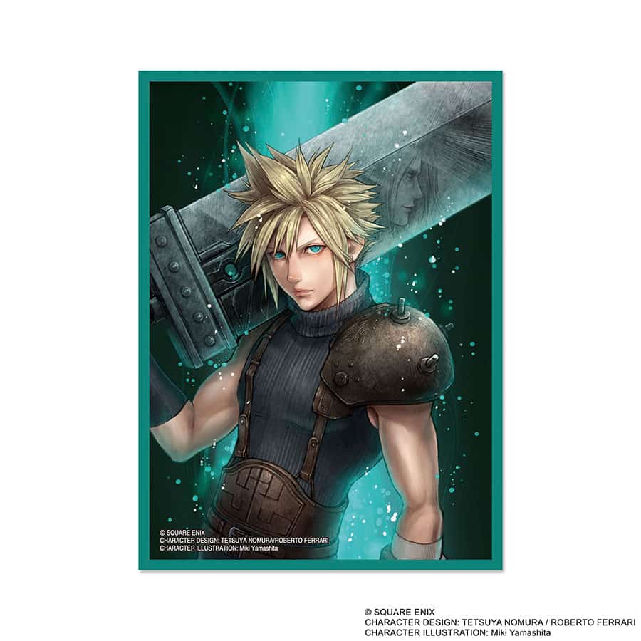 Square Enix Card Sleeves: Final Fantasy - Cloud - Card sleeve featuring Cloud from Final Fantasy with spiky blond hair, dark sleeveless outfit, and large sword on teal.