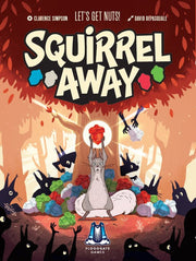 Squirrel Away - Colorful board game box with playful squirrel illustration, nuts, and autumn forest background.