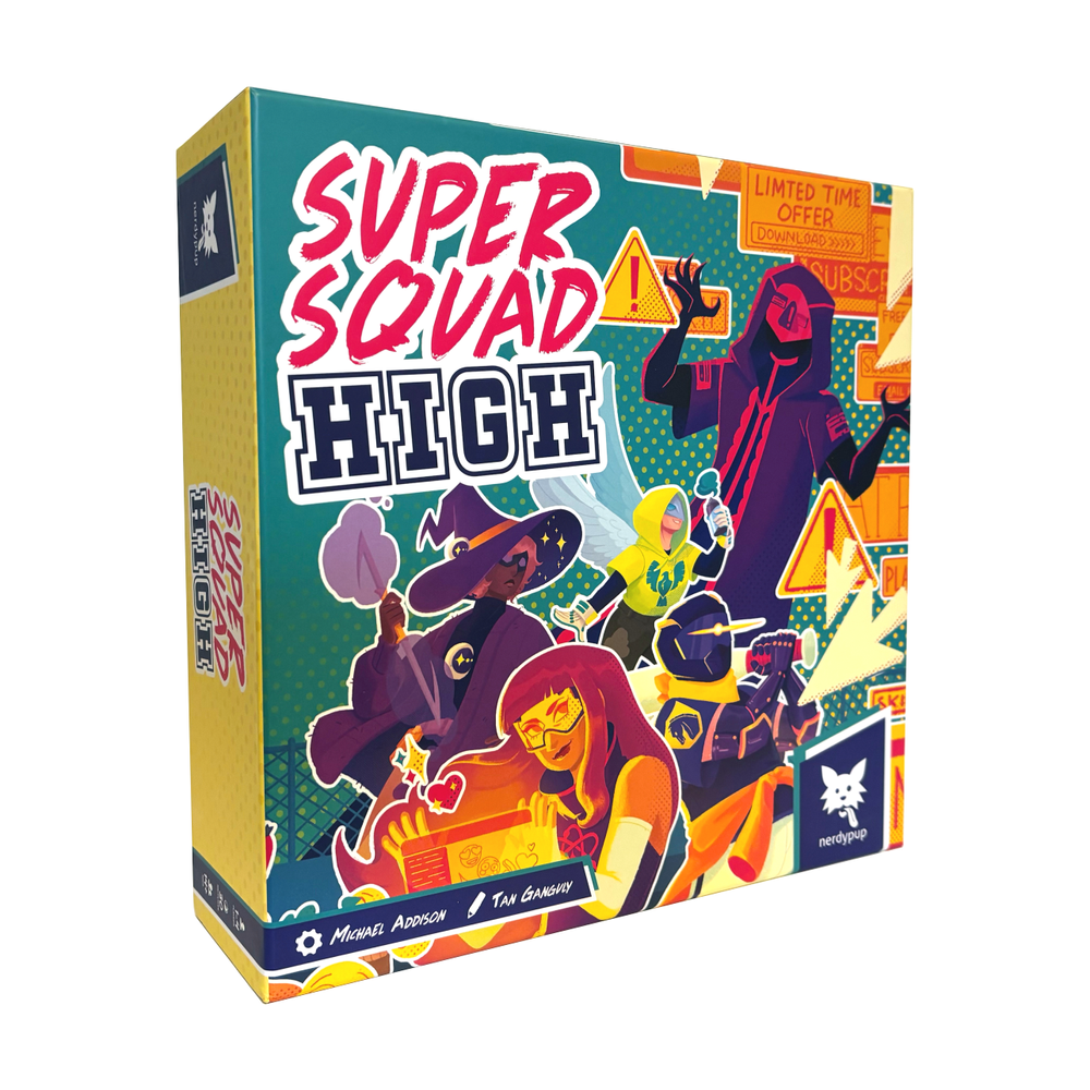 Super Squad High - Colorful board game box featuring cartoon characters in action poses with bold red, white, and blue text reading Super Squad