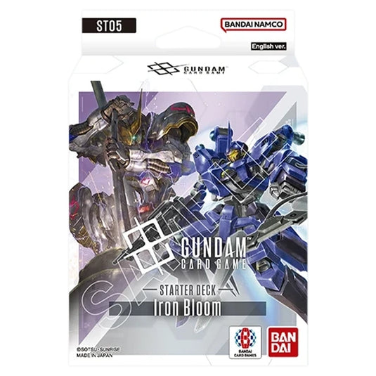 Gundam Card Game - Iron Bloom Starter Deck - Gundam Card Game Iron Bloom Starter Deck box featuring robotic Gundam figures in metallic blue and bronze with geometric.