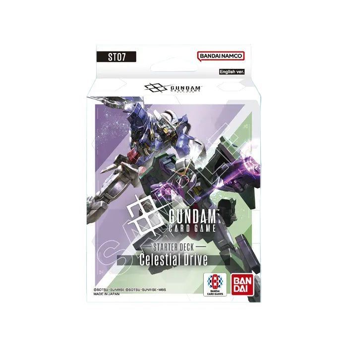 Gundam Card Game - Celestial Drive Starter Deck - Gundam Card Game Celestial Drive Starter Deck box featuring dynamic artwork of a blue and purple Gundam robot with weapons.