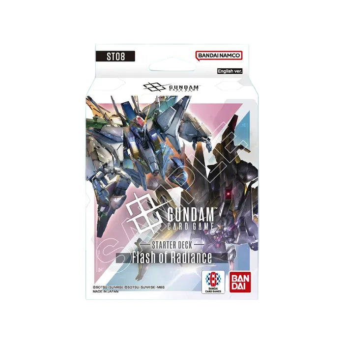 Gundam Card Game - Flash of Radiance Starter Deck - White and blue Gundam-themed card deck box with robotic mecha artwork and Bandai Namco logo.