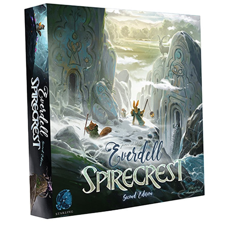 Everdell: Spirecrest 2nd Edition (PREORDER) - Board game box with mystical mountain landscape, ancient carved stone structures, and adventurers in snowy terrain, titled.