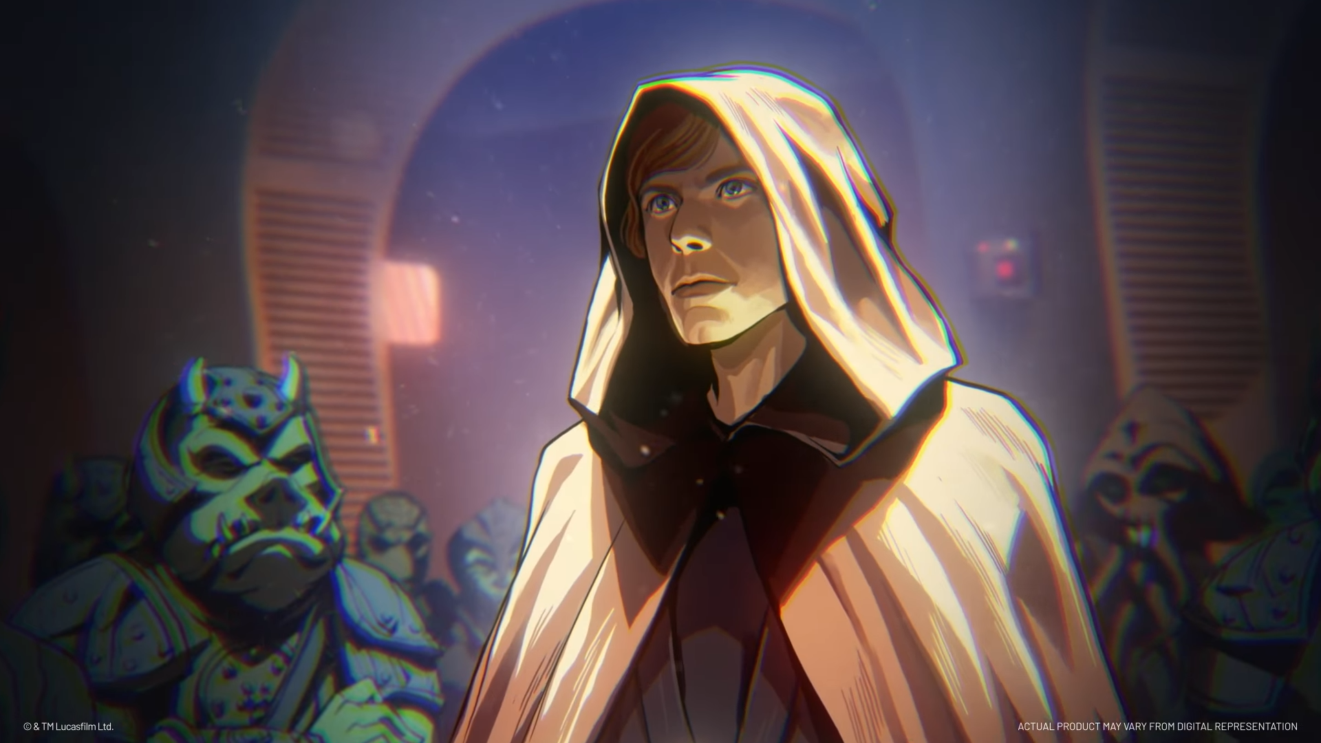 A Lawless Time 3v3 Team Event - Young man in a glowing beige hooded cloak with a dark collar, standing in front of blue-skinned alien figures inside a.