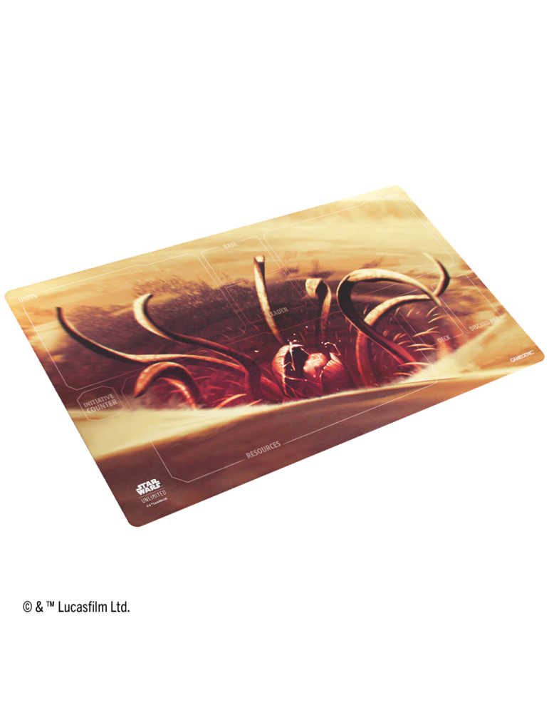 Gamegenic Game Mat: Star Wars: Unlimited - Great Pit of Carkoon (PREORDER) - Rectangular game mat with a sandy desert scene featuring large tentacles rising from the ground, muted orange and brown.