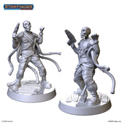 Starfinder: Bone Trooper - Gray plastic miniature of a skeleton warrior with multiple mechanical tentacle arms and futuristic armor, holding weapons on