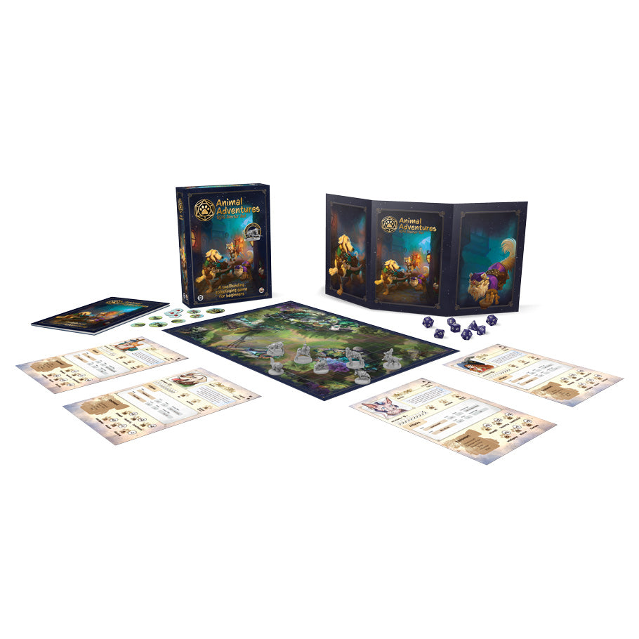 Animal Adventures: RPG Starter Set - Colorful fantasy-themed RPG starter set with character sheets, a detailed game board, dice, and a tri-fold screen featuring.
