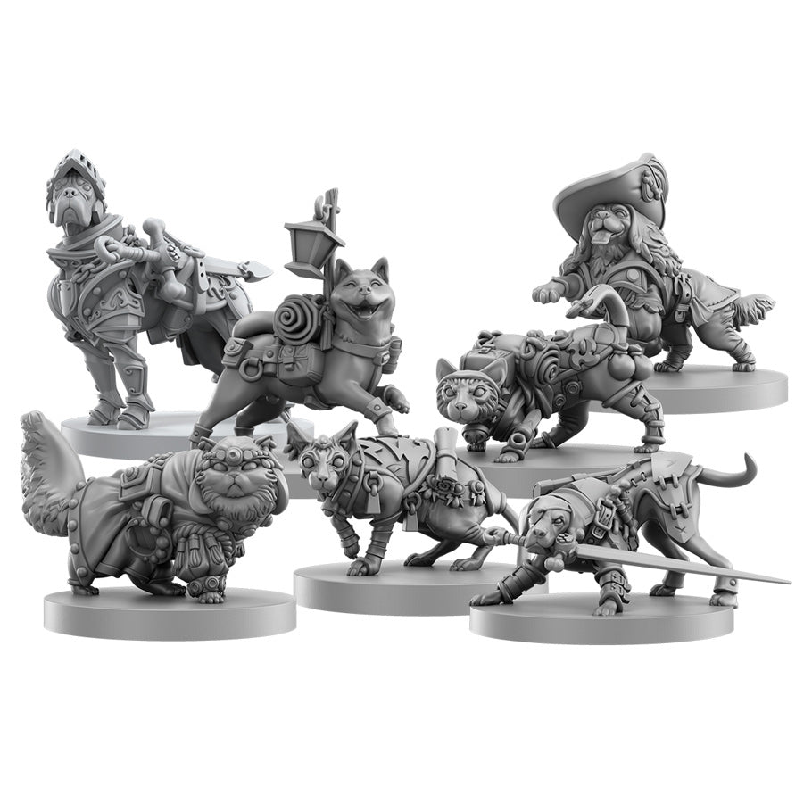 Animal Adventures: RPG Starter Set - Gray unpainted plastic miniatures of fantastical animals and characters with detailed armor and accessories on round bases.