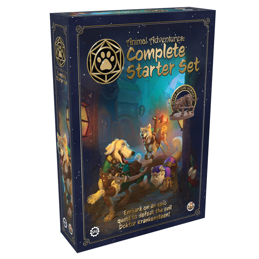 Animal Adventures: RPG Starter Set - Dark blue box with gold accents featuring illustrated animal characters in a fantasy RPG setting labeled Animal Adventures.
