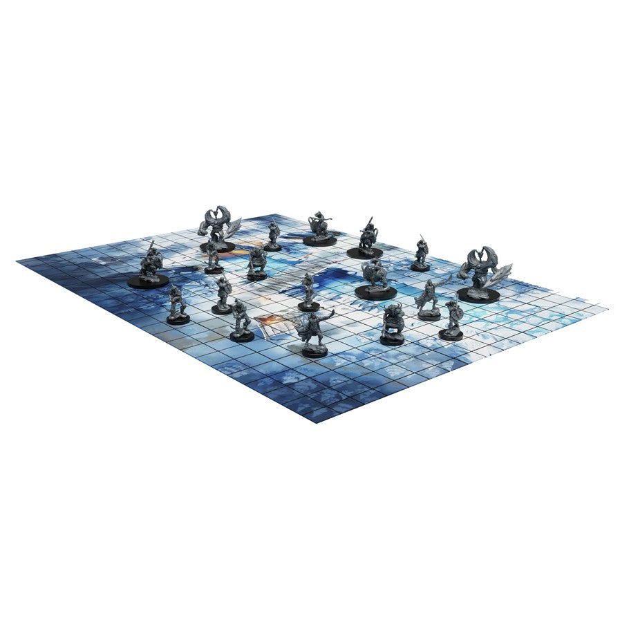 Epic Encounters - Camp of the Bandit Twins - Dark blue grid game board with detailed miniature figures of bandits and monsters arranged for tabletop RPG play.