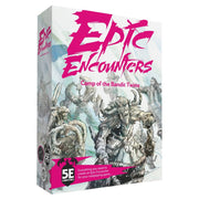 Epic Encounters - Camp of the Bandit Twins - Box art for Epic Encounters tabletop game pack featuring dark fantasy bandit twins in detailed armor with a muted, grayish.