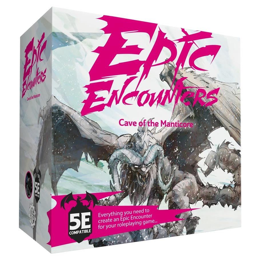 Epic Encounters: Cave of the Manticore - Board game box featuring a fierce manticore with wings and claws amid a rocky cavern scene, bold magenta title text.