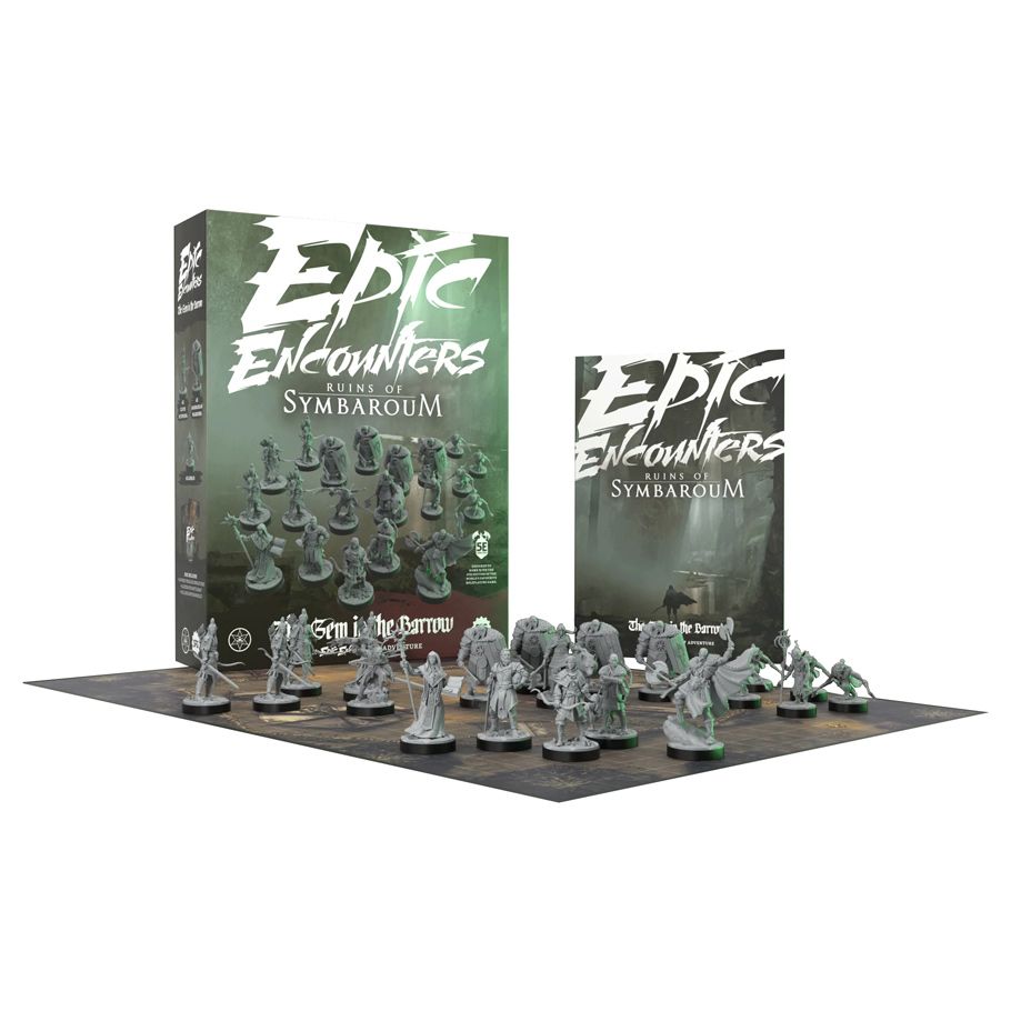 Epic Encounters: Ruins of Symbaroum: The Gem in the Barrow - Dark green and black RPG box set with detailed gray plastic miniatures and a fold-out game board for fantasy tabletop gaming.