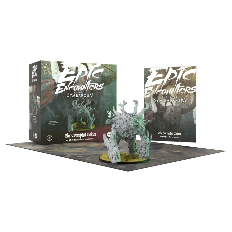 Epic Encounters: Ruins of Symbaroum: The Corrupted Coloss - Board game box and rulebook with dark fantasy forest artwork, featuring a detailed gray plastic miniature of a horned,.