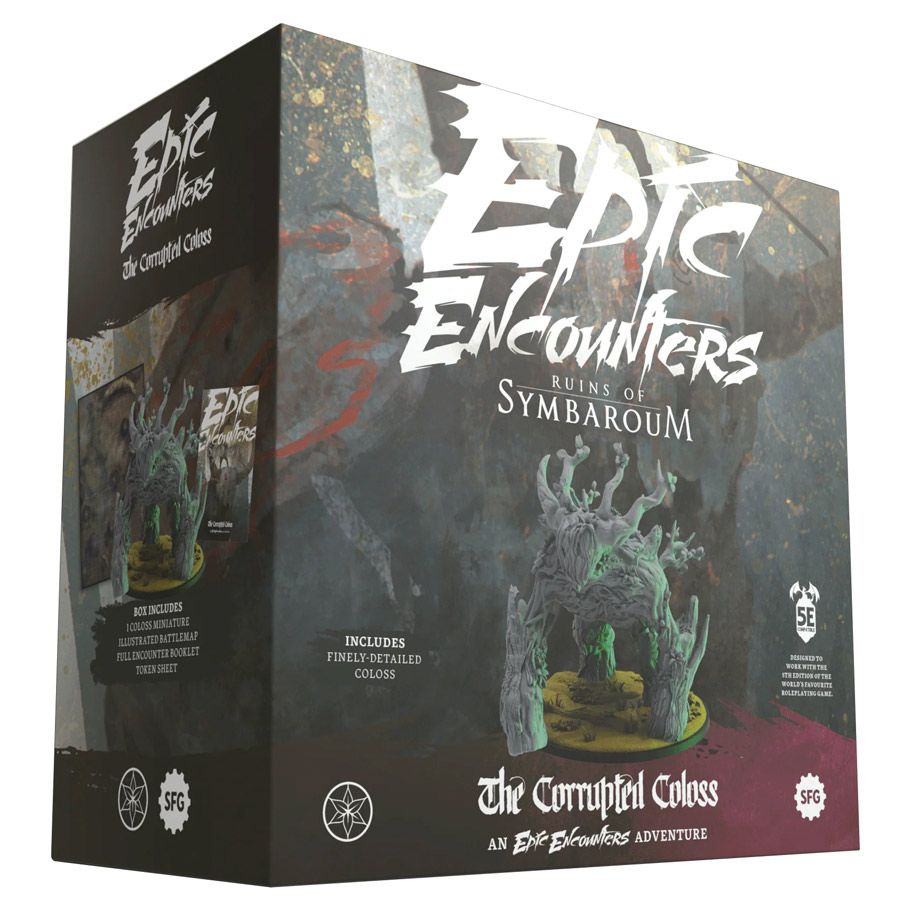 Epic Encounters: Ruins of Symbaroum: The Corrupted Coloss - Dark fantasy tabletop RPG box with detailed moss-covered corrupted colossus figure on front, earthy tones and bold white.