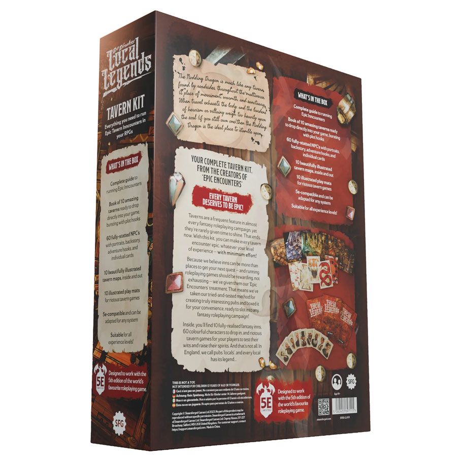 Epic Encounters: Local Legends Tavern Kit - Rectangular box with dark red and black tavern-themed design, featuring parchment-style text panels and gaming iconography.