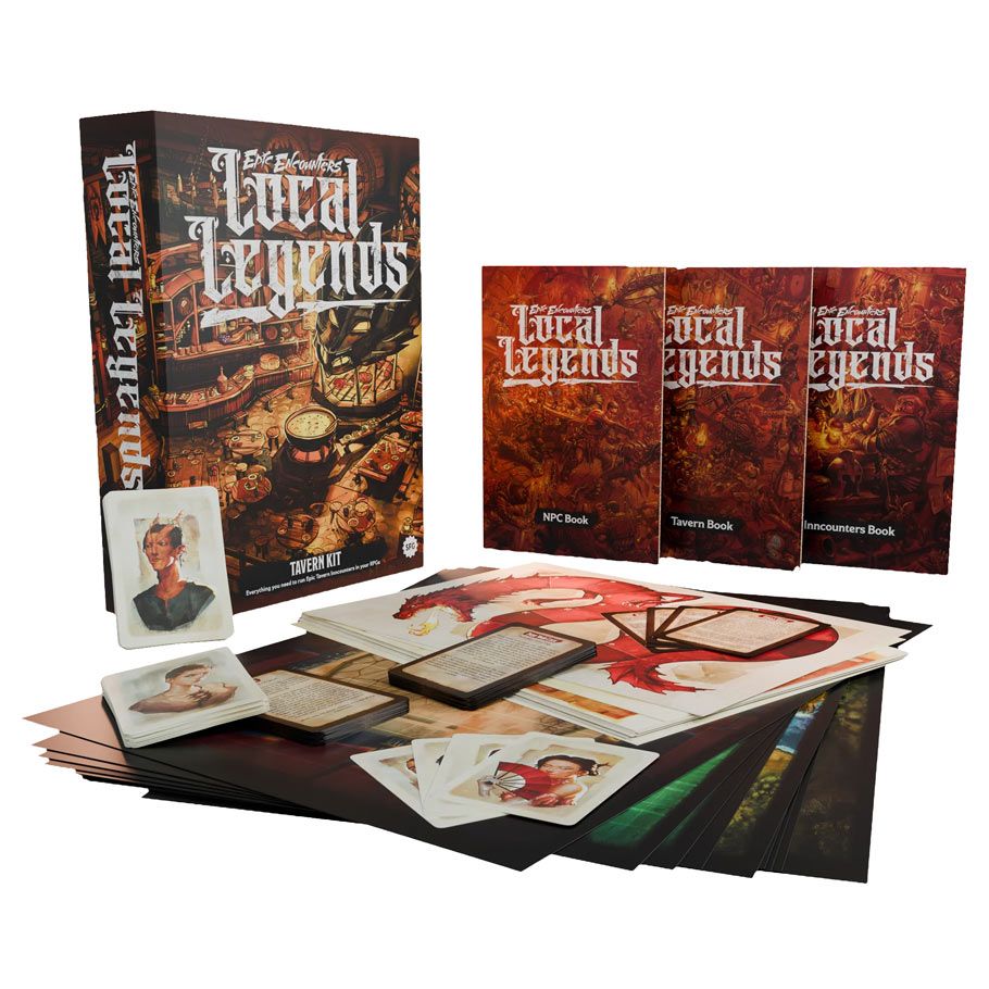 Epic Encounters: Local Legends Tavern Kit - Epic Encounters Local Legends Tavern Kit with detailed rulebooks, character cards, and colorful illustrated maps and tokens.