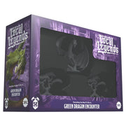 Epic Encounters: Local Legends Green Dragon - Box set with purple fantasy artwork featuring a green dragon and window showing four unpainted dragon miniatures inside.