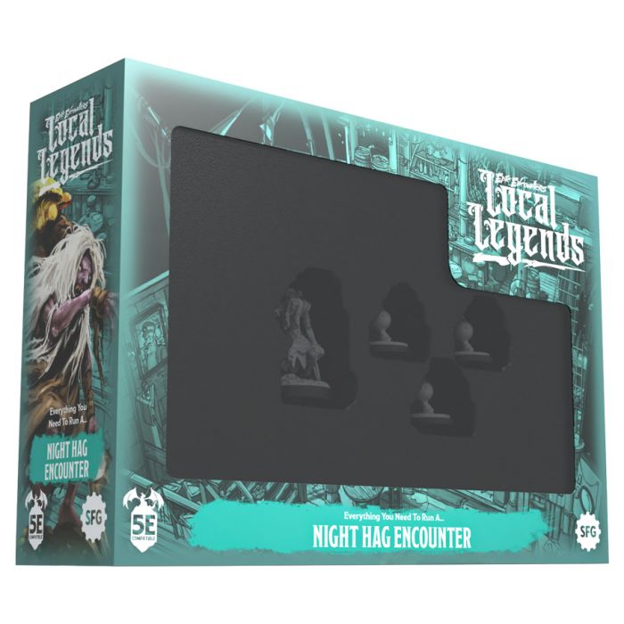Epic Encounters: Local Legends Night Hag - Boxed tabletop gaming miniatures set featuring four gray resin night hag figures with intricate details, displayed in a.